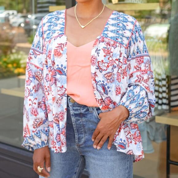 Evereve Womens Penny Floral Print Linen Blend Kimono M/L Lightweight Layer - Picture 1 of 9